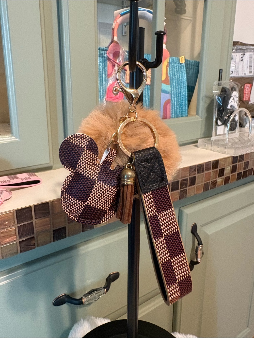 Faux-Fur Pom Keychain with Checkered Mickey Charm and Wristlet Strap - Brown